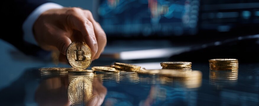 The hand holding a Bitcoin above a collection of cryptocurrency coins.