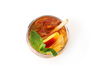 Refreshing iced peach tea with mint in glass isolated on white, top view