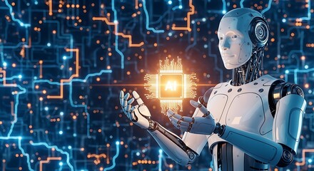 Humanoid robot holding glowing artificial intelligence chip