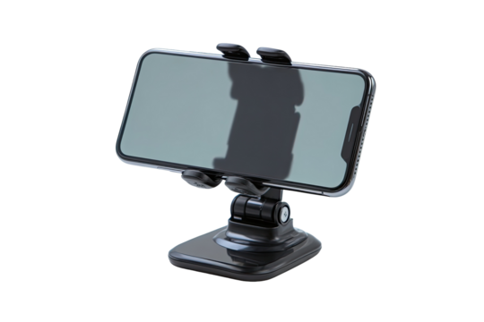 A black smartphone car mount, angled slightly, displays a blank screen.  A shadow is cast on the screen