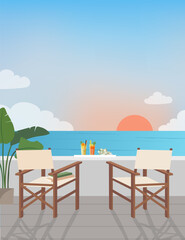 Sunset at sea. Lounge area with chairs and cocktails against the sea background.