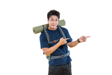 A cheerful hiker pointing with two fingers while carrying a backpack. He is smiling, expressing the joy of adventure on png background