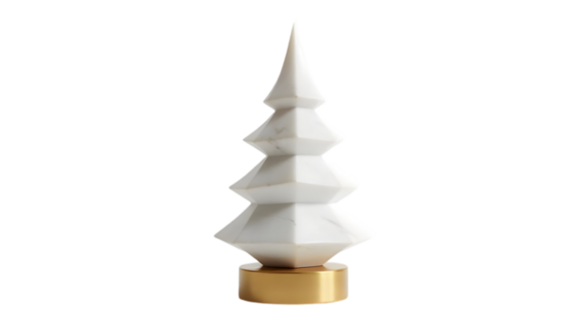 White Marble Geometric Christmas Tree Ornament Gold Base Minimalist Modern Festive Decoration isolated on a transparent background