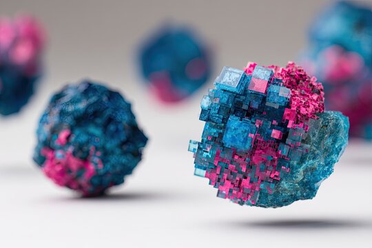 Abstract spheres composed of small, colorful cubes