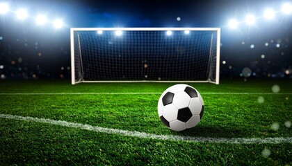Fototapeta premium A soccer ball sits in front of goalpost on a bright green field.