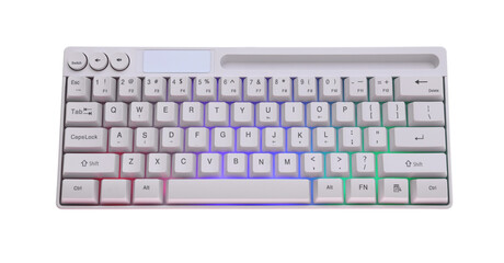 Modern computer keyboard with RGB lighting isolated on white, top view