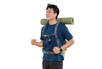 A young man with a backpack, embarking on an outdoor adventure. He's wearing a backpack with rolled-up mat and looks happy and excited on png background