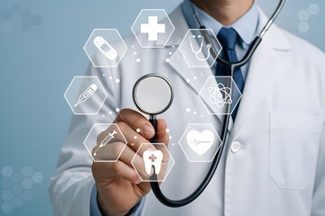 Doctor holding stethoscope with medical icons around healthcare technology