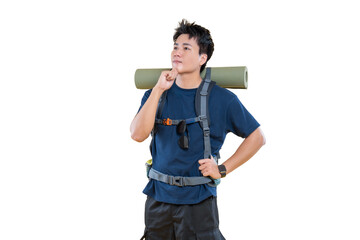 A young hiker in travel gear stands ready for an adventure, wearing a backpack with a rolled...
