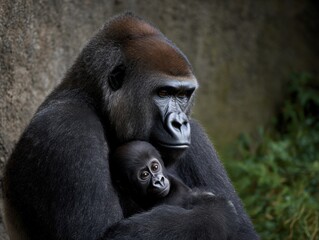 Obraz premium Heartwarming Moment of a Mother Gorilla Tenderly Nurturing Her Baby in a Lush Green Forest Capturing the Essence of Family Bonding and Wildlife