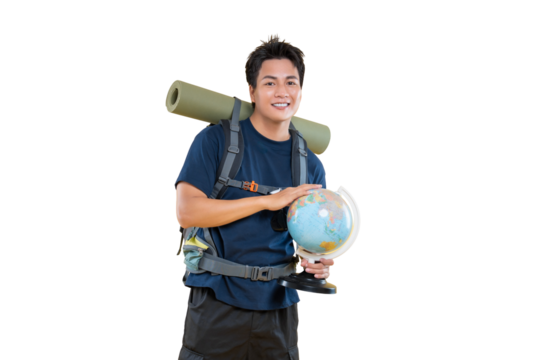 A cheerful traveler with a backpack and globe, ready for an adventure on png background
