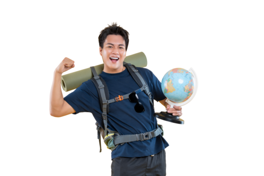 Happy traveler with backpack and globe, full of energy and ready for adventures on png background
