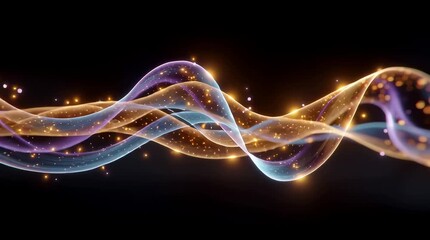 flowing abstract wave form with translucent purple and glowing orange segments accented by golden particles on a dark background - Powered by Adobe