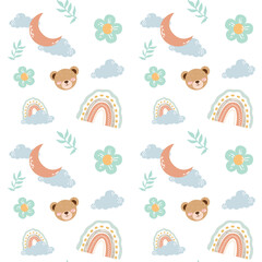 Cute Seamless Baby Pattern with Bears, Rainbows, and Moons