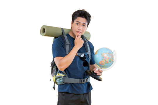 A thoughtful traveler deciding his next journey, holding a globe and backpack on png background
