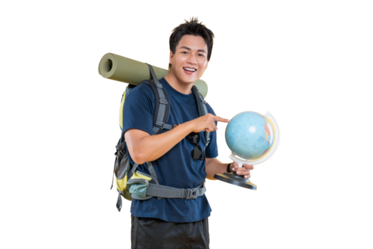 A traveler points at a globe. A backpack and sleeping pad suggest a travel adventure, and the man smiles while looking ahead on png background