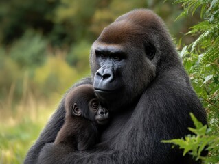 Adorable Gorilla Mother Tenderly Cuddling Her Baby in the Lush Green Wilderness Showcasing the Beauty of Wildlife and Maternal Bonds in Nature