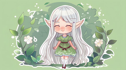 chibi elf girl character long silver hair