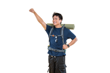An adventurous hiker with a backpack raising his hand on png background