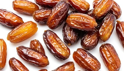Juicy dates with a rich brown color and wrinkled texture are placed on a white background. Their sweet taste and exotic nature make them an ideal snack.