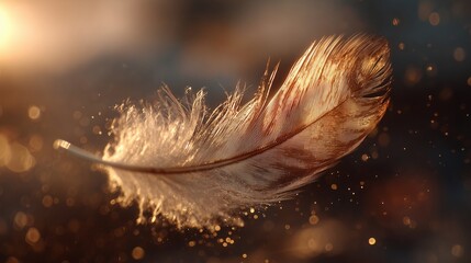 A floating feather in golden light, weightless elegance, dreamy and ethereal mood, subtle motion