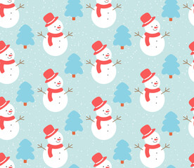 Snowman in hat and scarf, winter vector illustration. Holiday seamless pattern. Decoration for gift wrapping paper, fabric, clothes, textile, surface textures, scrapbook.