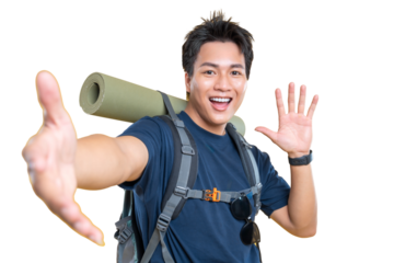 An adventurous male hiker confidently waving while heading toward a scenic adventure with a roll mat on png background