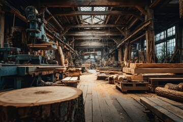 Old wooden workshop interior with machinery and lumber piles under skylight. Perfect for representing industry, woodworking, construction, or historical themes.