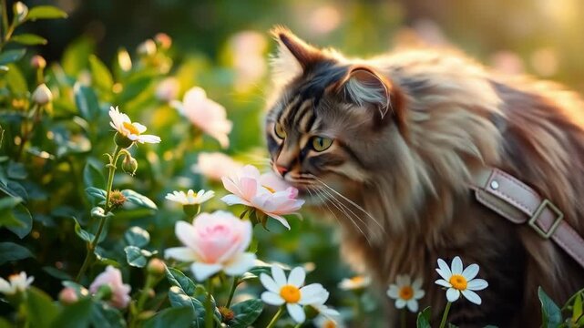 Fluffy brown cat sniffs a pale pink rose in a sunlit garden White daisies bloom nearby creating a scene of peaceful feline contentment