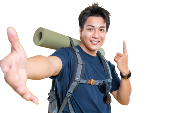 A cheerful hiker with a backpack and mat gives a thumbs up, ready for an adventure on png background