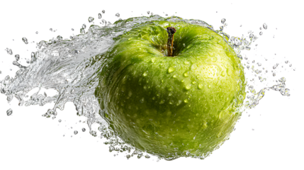 Water-splashed Granny Smith apple isolated on a white background 