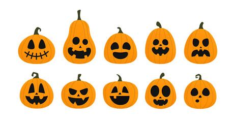 Halloween pumpkin set vector design. Creepy collection of Halloween orange Jack o lantern character with different happy and spooky faces. Holiday vector illustration isolated on white background.