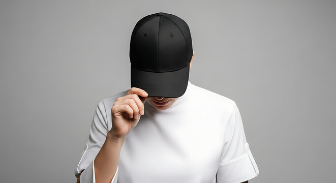 Young person in a white t-shirt adjusting a blank black baseball cap mockup. - Powered by Adobe