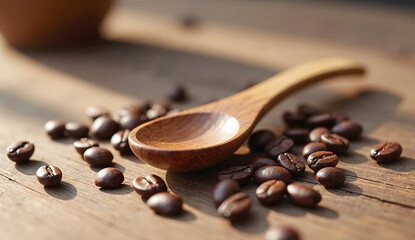 Close-up of wooden spoon surrounded by roasted coffee beans on rustic wooden table.