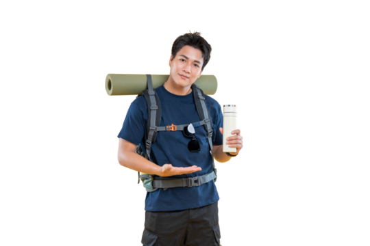 A young man backpacker is ready for the journey and carrying a mat and water bottle. The man wears casual clothes on png background - Powered by Adobe