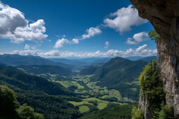 Obraz premium Serene Mountain Vista Beneath Summer Sky's Embrace