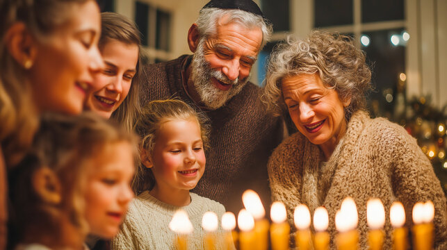 A family, including an older man and woman and children, lights candles on a menorah for a Hanukkah celebration. Holiday tradition and Jewish faith.