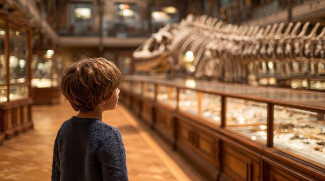 Young boy looks at dinosaur skeleton in a natural history museum. Show curiosity, learning, science, education, and childhood wonder. - Powered by Adobe