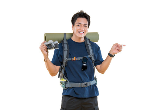 A traveler pointing ahead, backpack and camera in hand on a journey of exploration. A smiling individual, ready for adventure on png background