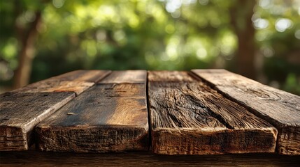 Rustic wooden table with blurred green trees in background. Use for product placement, food photography, or adding text.