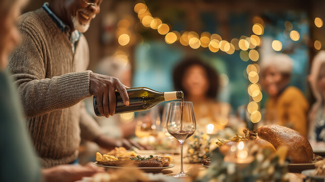 Mature african american man pours red wine into a glass at a festive dinner table with family and friends. Holiday celebration with thanksgiving turkey.