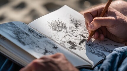 Close-up of a hand holding a pencil. An artist draws an anime comic on vacation, on the beach. Manga. Anime.	
