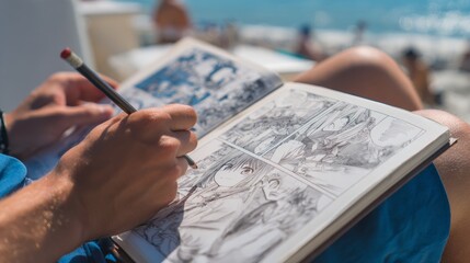 Close-up of a hand holding a pencil. An artist draws an anime comic on vacation, on the beach. Manga. Anime.	
