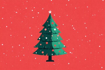 Festive green christmas tree on red background with falling snowflakes