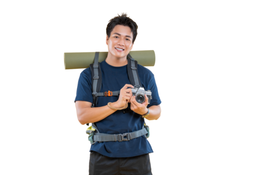 A young adventurer with backpack and camera, ready to embark on a journey on png background