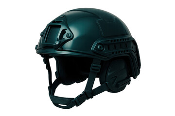 Naklejka premium Studio shot of a modern tactical helmet, showcasing its protective design and transparent background