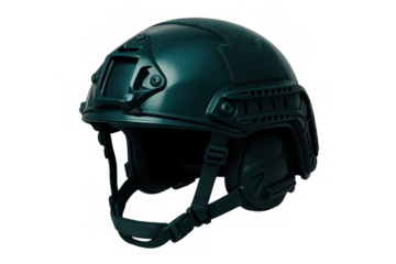 Studio shot of a modern tactical helmet, showcasing its protective design and transparent background