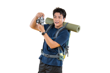 An explorer capturing photos using a camera on png background