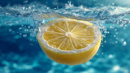 A fresh lemon slice floating in clear water, vibrant yet subtle, refreshing and clean aesthetic