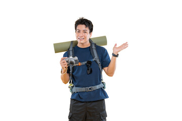 Smiling traveler with a camera and a backpack, ready for adventure on png background